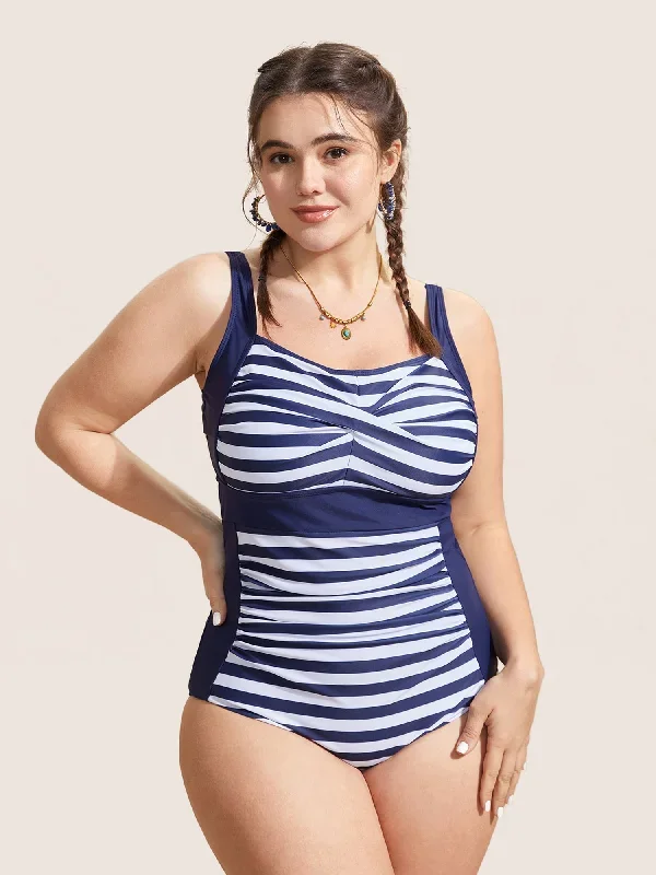 Striped Patchwork Crossover One Piece Swimsuit