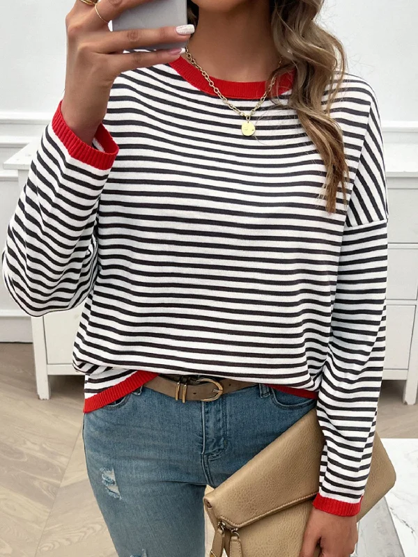 Striped Round Neck Dropped Shoulder Sweater