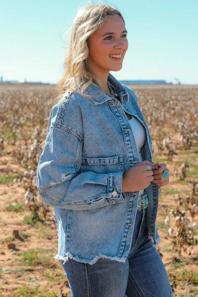 studded-button-up-raw-hem-denim-jacket