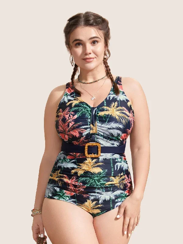 Tropical Print Gathered Belted One Piece Swimsuit