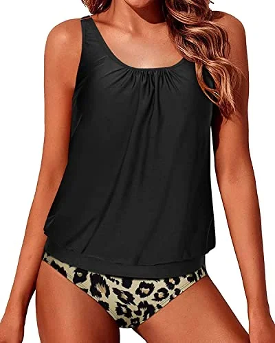 Push Up Bra Cups Blouson Swimsuits For Women-Black And Leopard