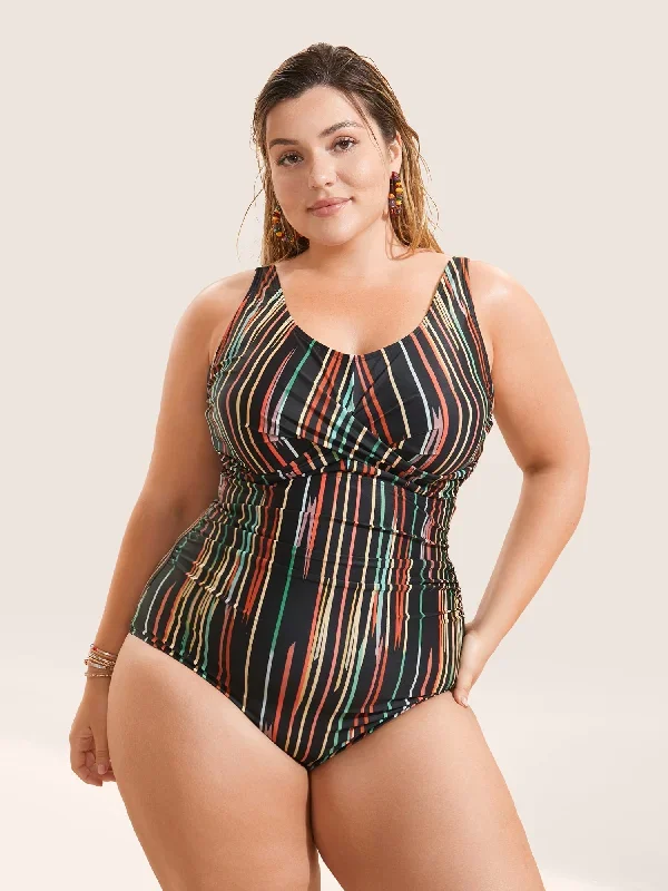 U Neck Stripes Crossover One Piece Swimsuit