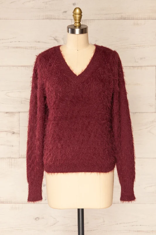 Vinitsa Burgundy | Fuzzy V-Neck Sweater