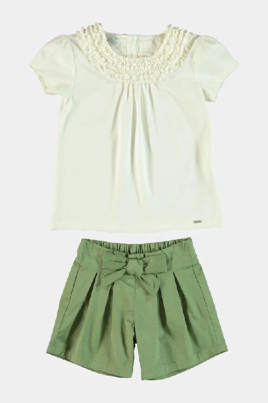 100% Cotton with Elastane White Frill Top And Green Bow Shorts Girls Set