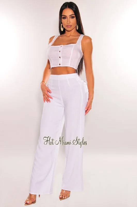 White Linen High Waist Lace Up Wide Leg Palazzo Pants