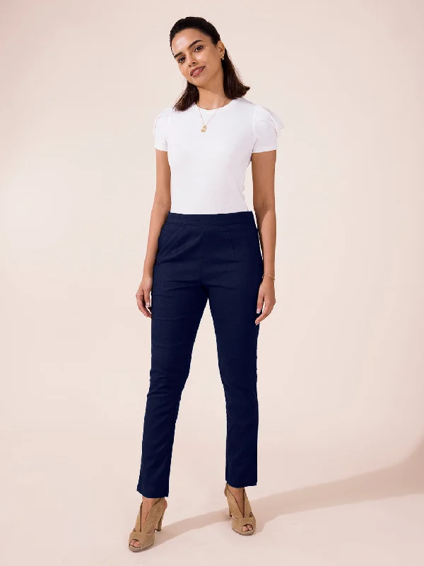 Women Solid Navy Mid Rise Linen Pencil Pants