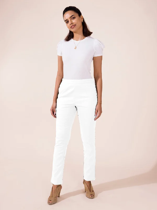 Women Solid White Mid Rise Linen Pencil Pants