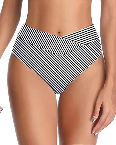 Cheeky Bikini Bottom With V Cut And Twist Swim Bottom-Black And White Stripe