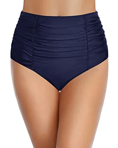 High Waisted Tummy Control Swim Bottom Vintage Ruched Bikini Bottom-Navy Blue