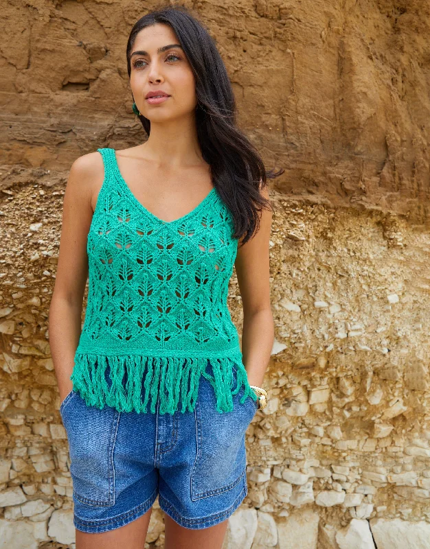 Women's Green Tassel Fringe Crochet Knit Vest Top