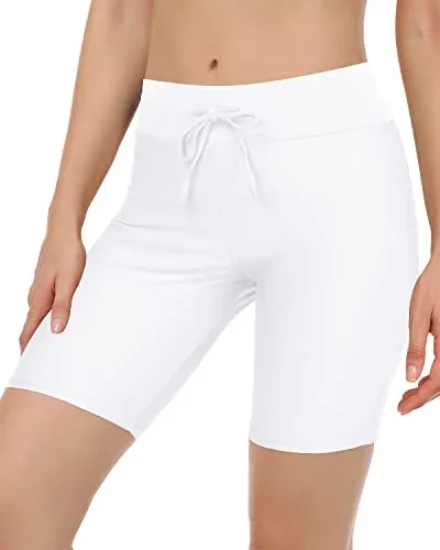 Slimming Women's Swim Shorts Full Coverage Long Board Shorts-White