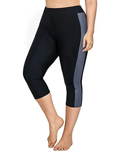 Sporty Plus Size Swim Bottoms Versatile Swimming Leggings-Black