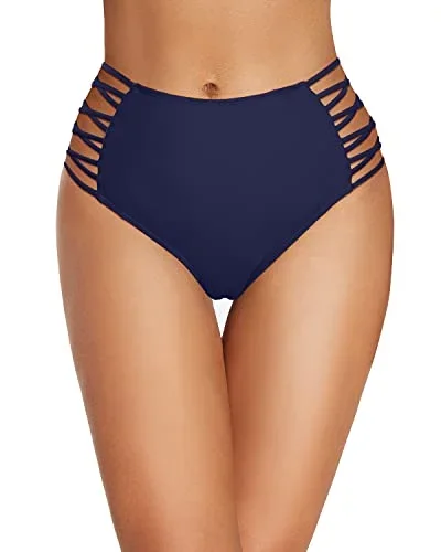 Mid High Rise Women's Sexy High Waisted Bikini Bottom-Navy Blue