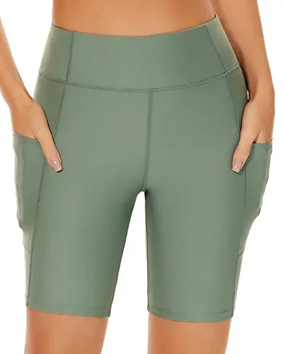 Women's Tummy Control High Waisted Swim Shorts-Army Green