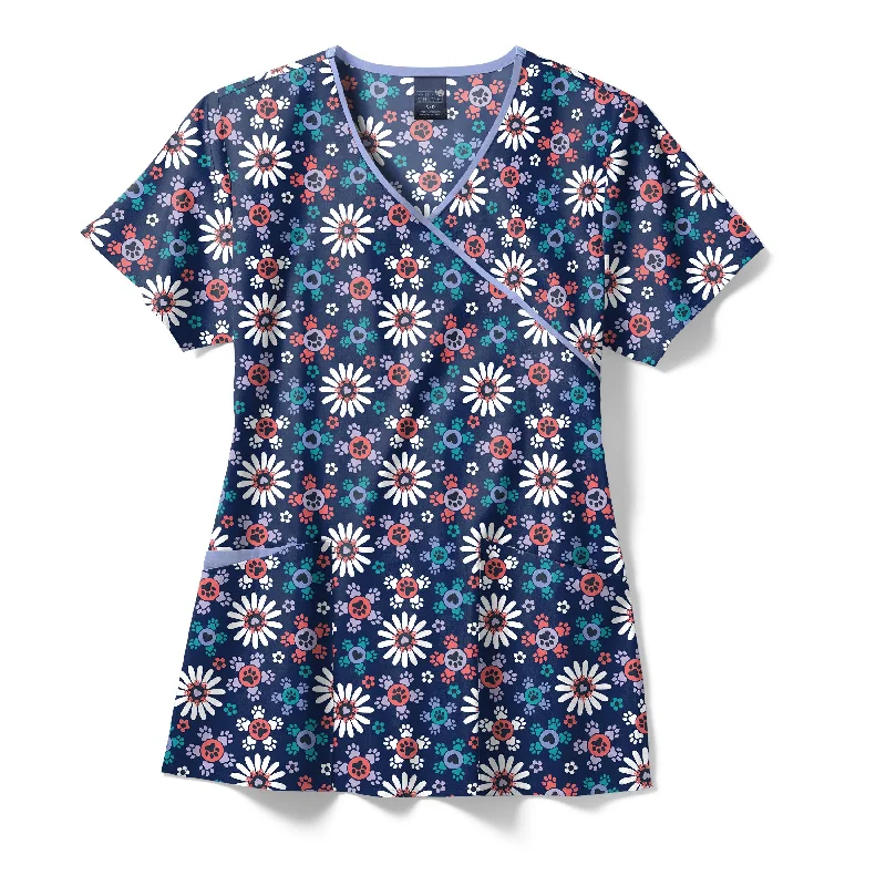 Zoe+Chloe Contrast Mock Wrap Print Scrub Top - Flower Pawer