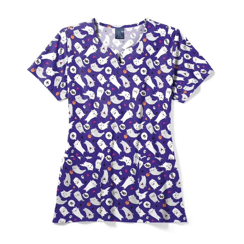 Zoe+Chloe Performance Notch Neck Print Scrub Top - Purranormal Cativity