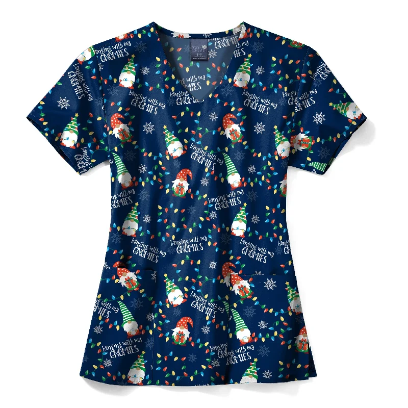 Zoe+Chloe Performance V-Neck Print Scrub Top - Gnome Alone