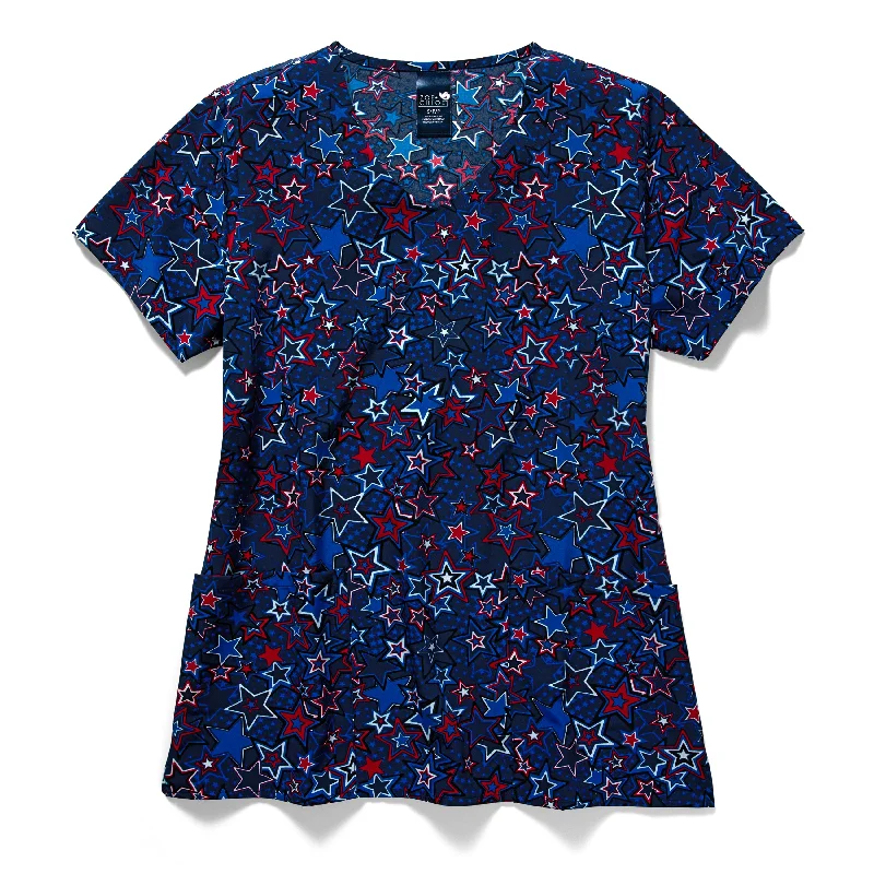 Zoe+Chloe Performance V-Neck Print Scrub Top - Red White & Bloom