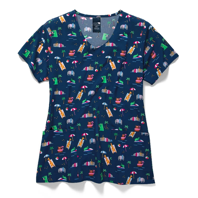 Zoe+Chloe Performance V-Neck Print Scrub Top - Safari Splash