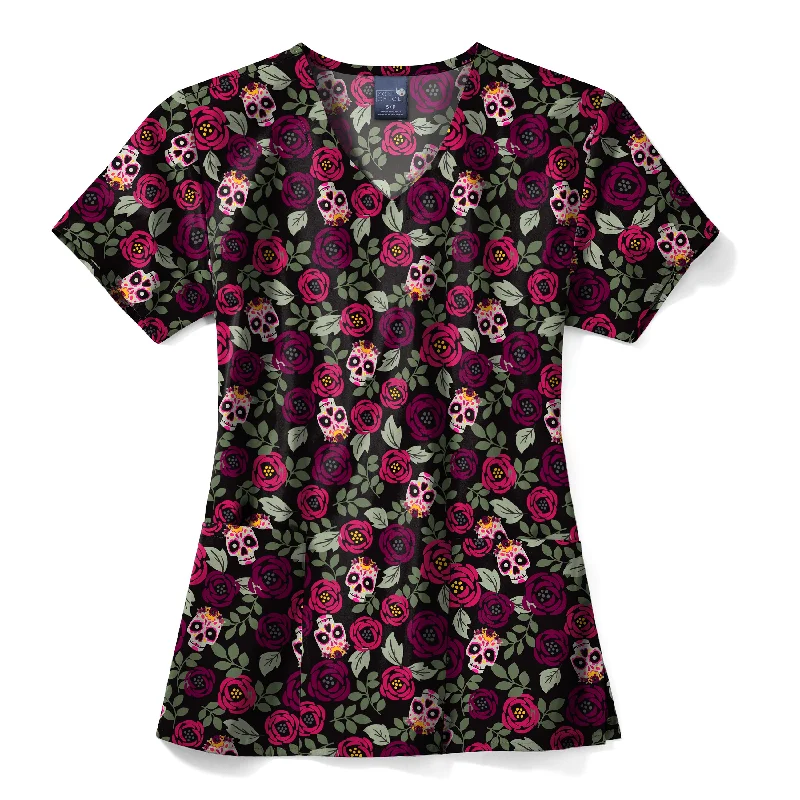 Zoe+Chloe Performance V-Neck Print Scrub Top - Sugar Skull Roses